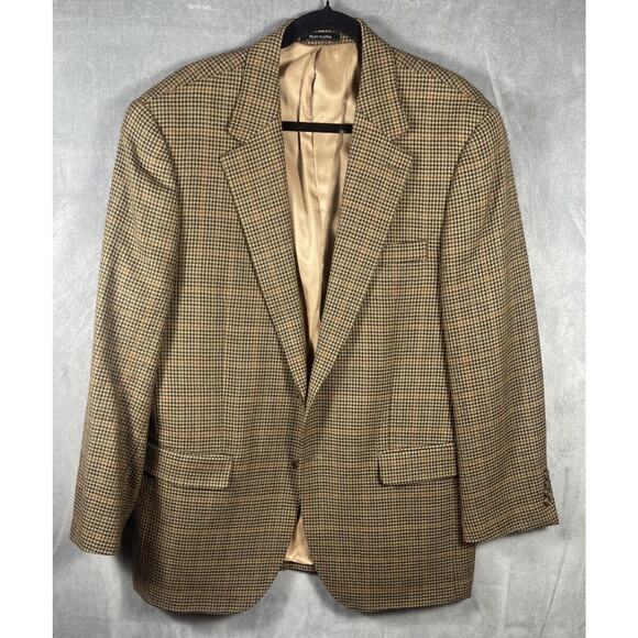 Lauren Ralph Lauren Mens Blazer Jacket Houndstooth Brown Tan 100% Lambswool 42R - Picture 1 of 8
